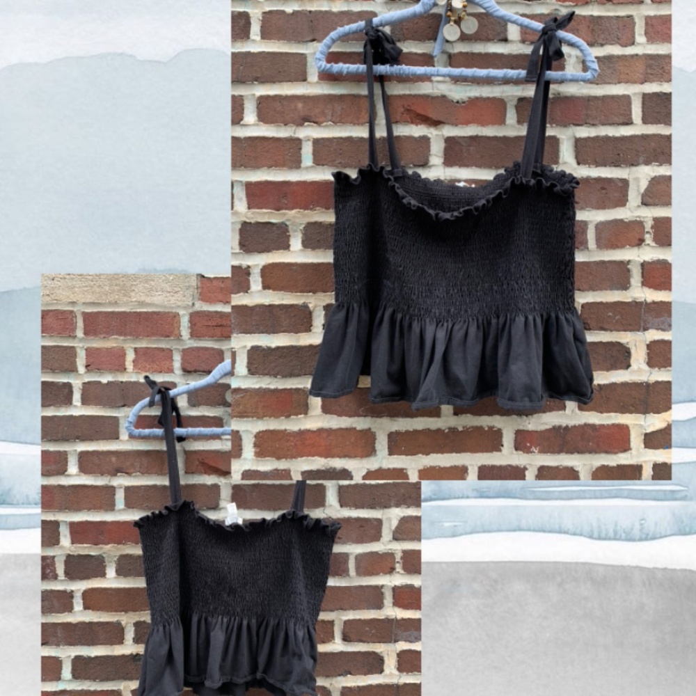 Black Ruched Peplum Summer Tie Shoulder Top (L)